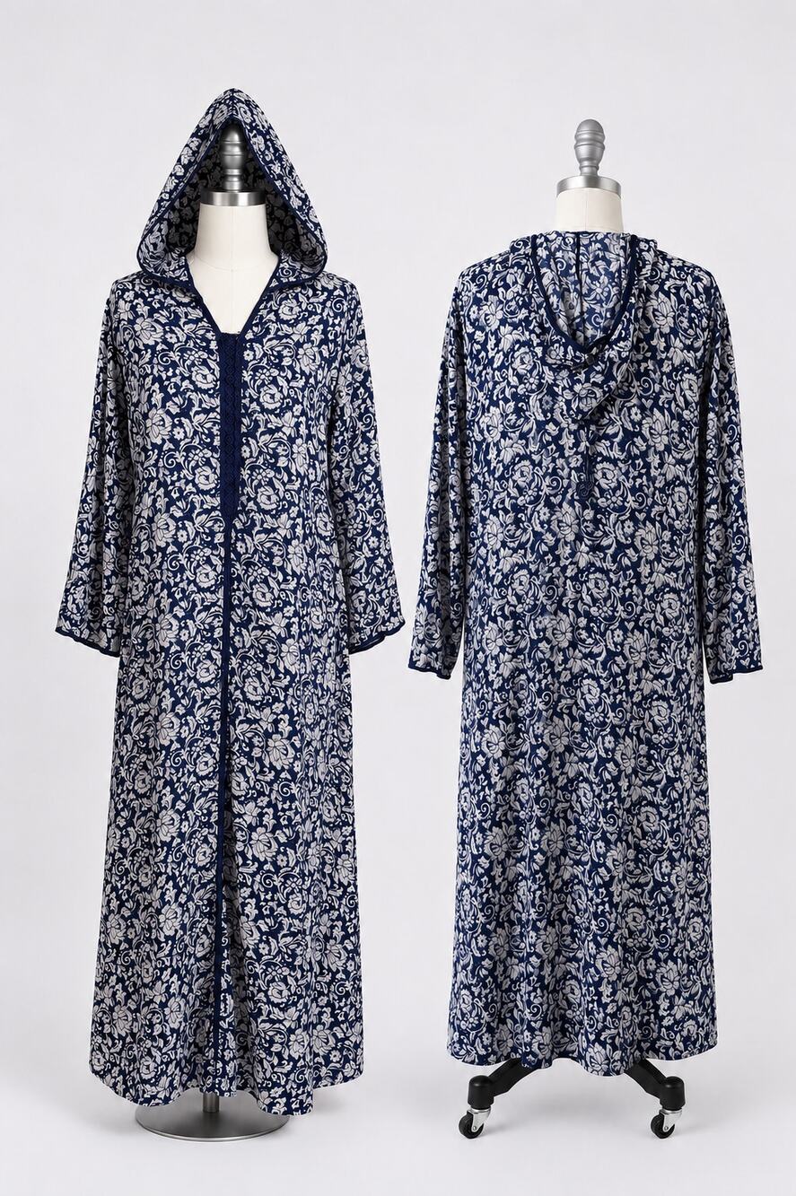 90s Y2K Jalabiya Kaftan Maxi Dress Hooded Floral Navy Boho S/M